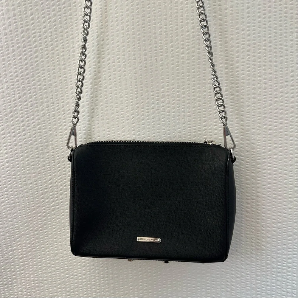 Rebecca Minkoff Avery Black Saffiano Leather Crossbody Bag Chain Strap Zip Top